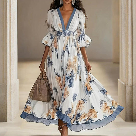 Women's Floral Print Maxi Dress With Deep V-Neck & Flare Sleeves FitiqueFit