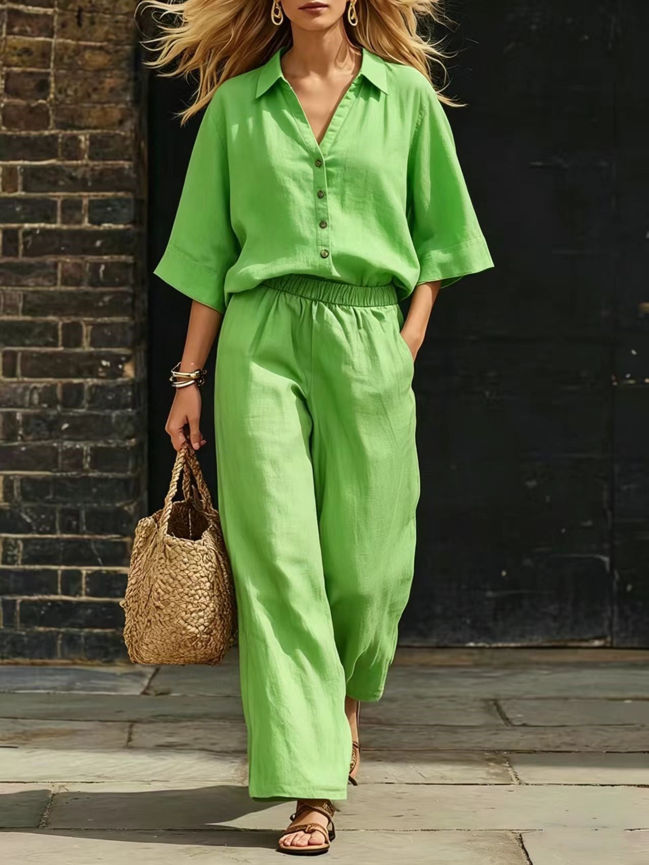 Short-Sleeve Shirt & Loose Pants Set – Casual Two-Piece FitiqueFit