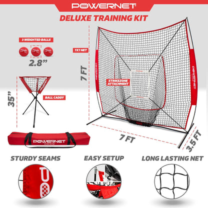 Baseball Softball Practice Net 7X7 with Baseball Accessories for Practice Pitching, Batting & Fielding, Ball Caddy, Weighted Baseballs, Tee