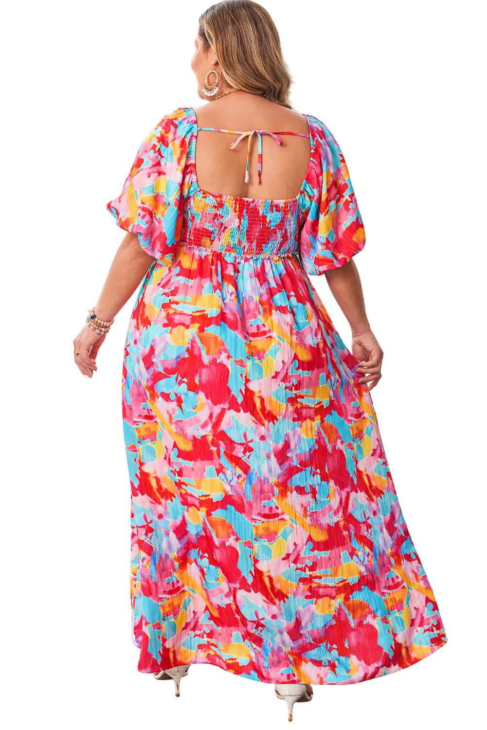 Rose Abstract Printed Puff Sleeve Square Neck Smocked Bust Tied Back Plus Size Dress Garden Naked Curves