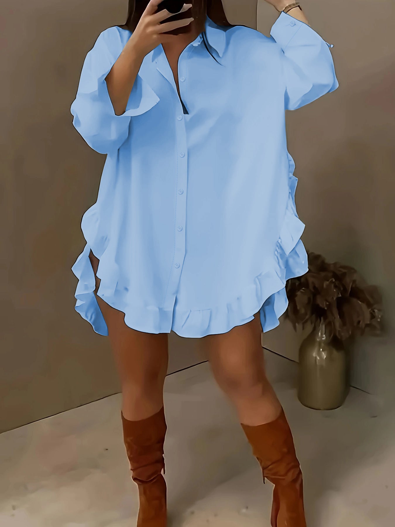 Hem Ruffled Casual Long Sleeve Shirt See size chart under “more details” The Fashion Celestial
