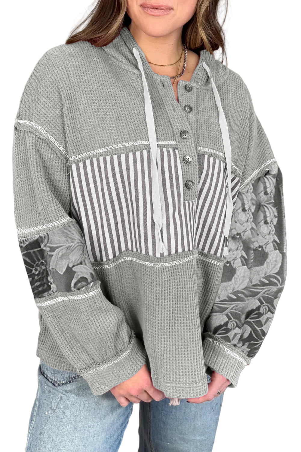 Gray Mixed Waffle Knit Patchwork Henley Plus Size Hoodie Garden Naked Curves
