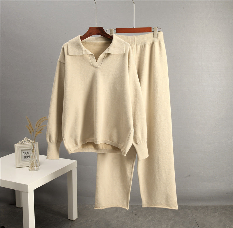 Solid Color Lapel Sweater Set for Women FitiqueFit