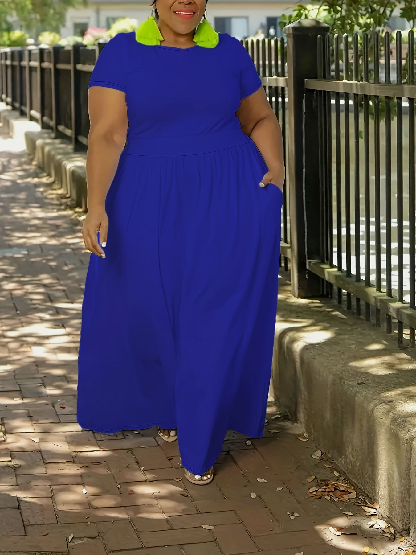 Plus Size Solid Short Sleeve Maxi Dress, Women's Plus Medium Stretch Elegant Long Dress NovaCart
