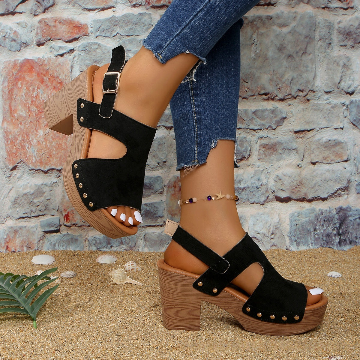 Women's Peep-Toe Chunky Heel Buckle Sandals FitiqueFit