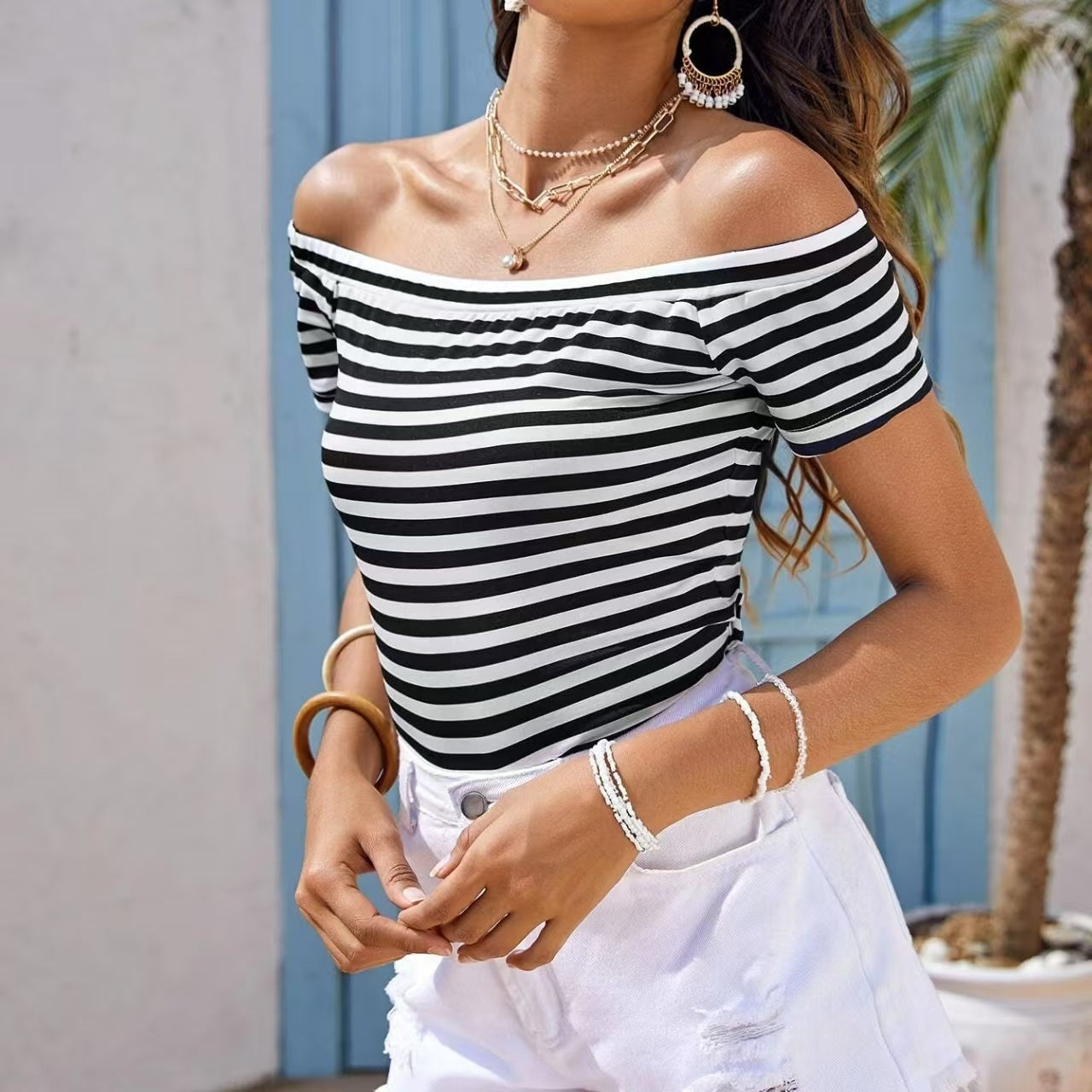 Ladies' Off Shoulder Striped Top Casual One Shoulder Shirt FitiqueFit