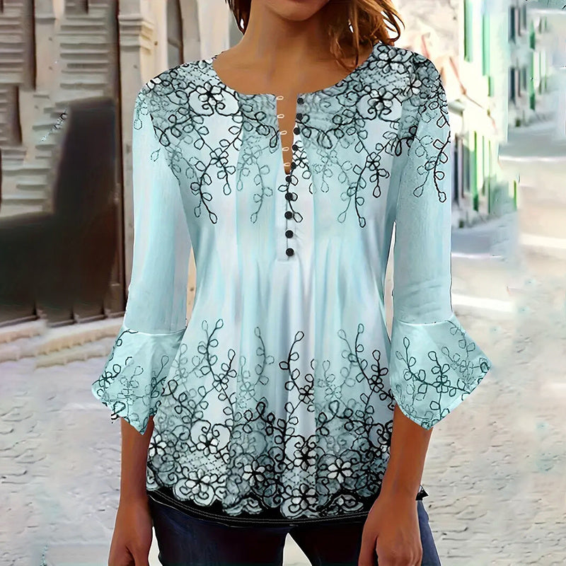 Women’s V-Neck 3/4 Sleeve Button-Front Tunic Blouse FitiqueFit