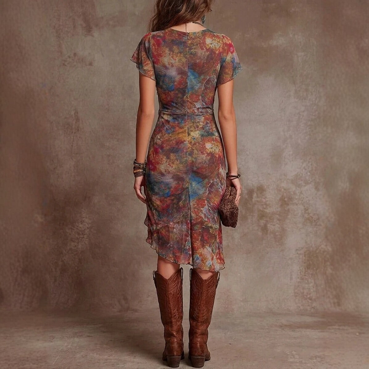Women’s Slim-Fit Printed V-Neck Defined Waist Dress FitiqueFit