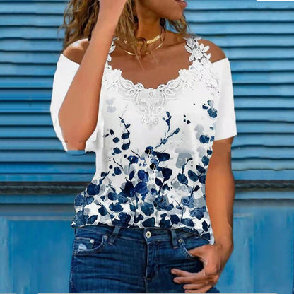 🦋 Vibrant Butterfly Lace Off-Shoulder V-Neck Tee FitiqueFit