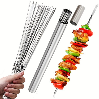 15pcs of Stainless Steel Skewers And 1 Storage Tube for Barbecuing; Reusable Grill Skewers for Shish Kebab And Camping Flat Forks Gadgets NovaCart