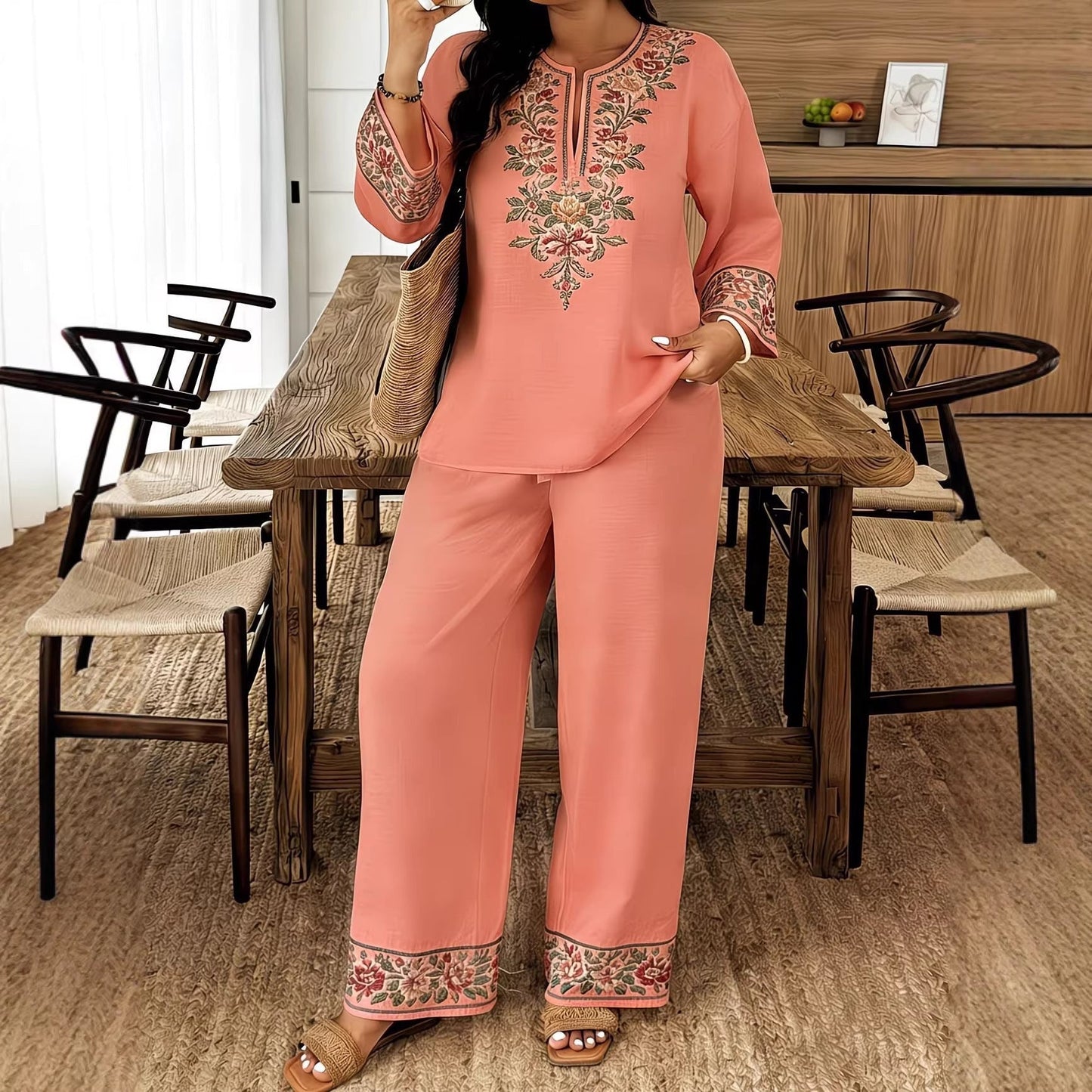 Women’s Ethnic Two Piece Set with Long Sleeve Shirt and Cropped Pants FitiqueFit