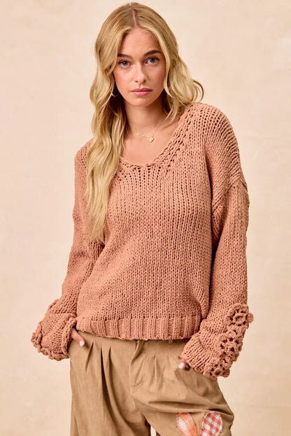 BiBi Chunky Knit Sweater with Flower Detail Sleeves FitiqueFit