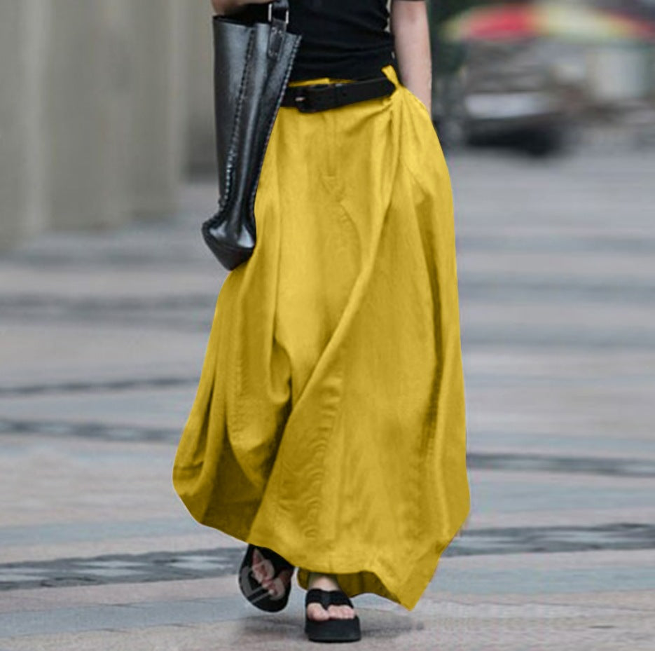 Women's High-Waist Flared Maxi Skirt – Solid Color Cotton Linen with Pockets FitiqueFit