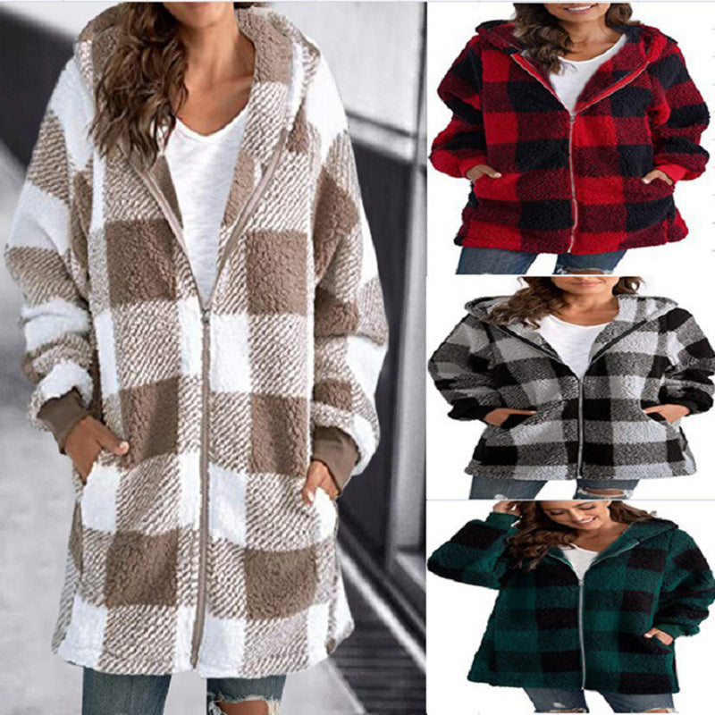 Plaid Hooded Zip-Up Oversized Jacket — Women’s Winter Commute Coat FitiqueFit