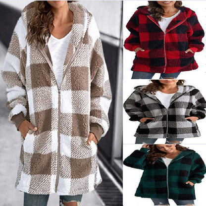 Plaid Hooded Zip-Up Oversized Jacket — Women’s Winter Commute Coat FitiqueFit