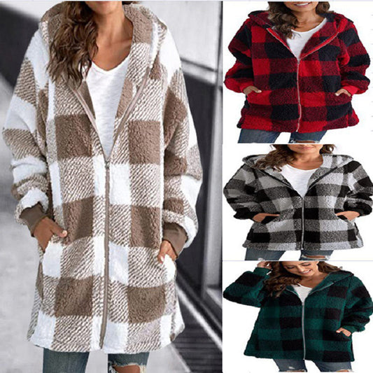 Plaid Hooded Zip-Up Oversized Jacket — Women’s Winter Commute Coat FitiqueFit