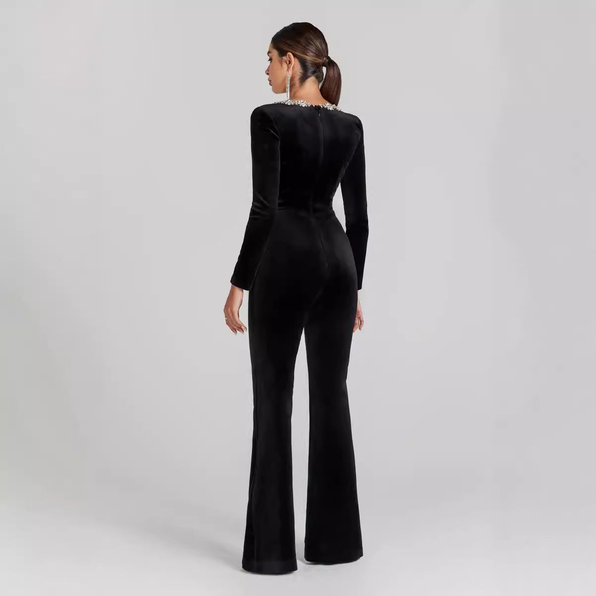 Women’s Diamond-Encrusted Square-Collar Flared Jumpsuit FitiqueFit
