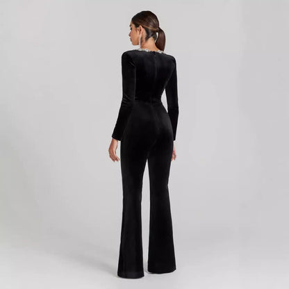 Women’s Diamond-Encrusted Square-Collar Flared Jumpsuit FitiqueFit