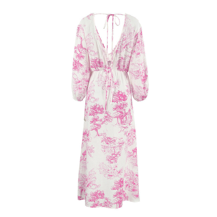 Elegant V-neck Lantern Sleeve All-matching Printed Dress Grayceful LLC