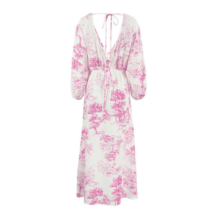 Elegant V-neck Lantern Sleeve All-matching Printed Dress Grayceful LLC