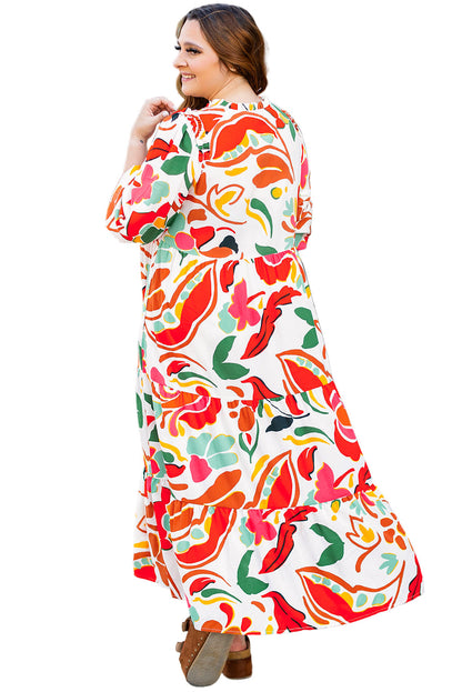 Orange Floral Print Drawstring V Neck Tiered Plus Size Dress Garden Naked Curves