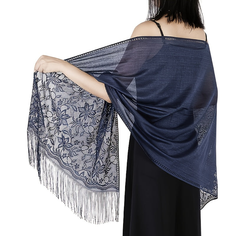 Women's Casual Shawl Wrap - Solid Color, Lightweight Polyester Knit - Going Out Essentials | Fringe Trim | Floral Lace Details NovaCart