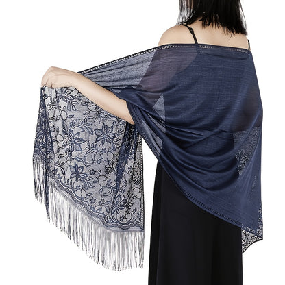 Women's Casual Shawl Wrap - Solid Color, Lightweight Polyester Knit - Going Out Essentials | Fringe Trim | Floral Lace Details NovaCart