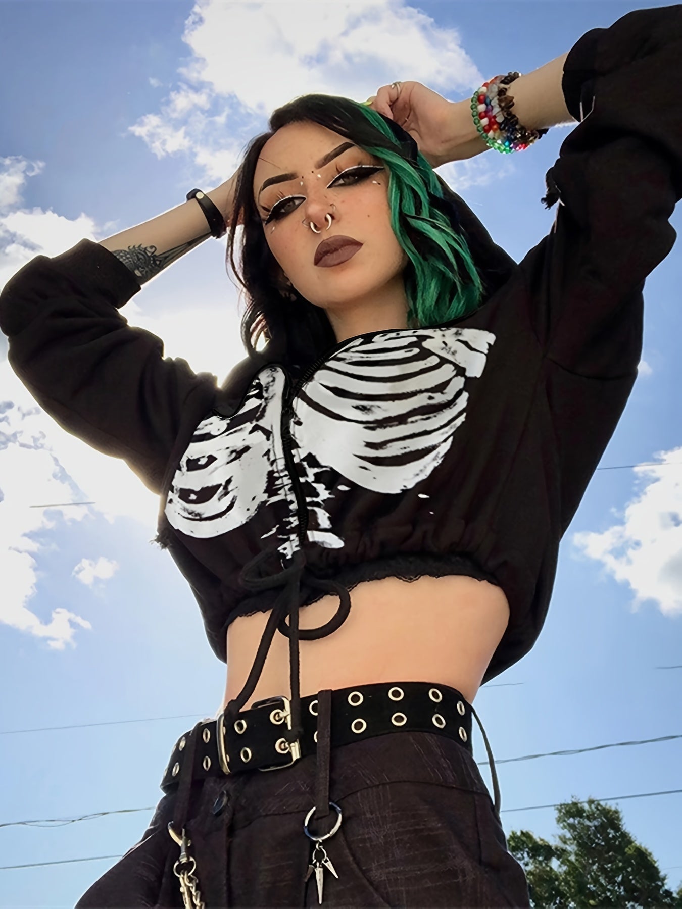 [Fashion Short Sleeve] Gothic Skull Print Women's Casual Hoodie | Long Sleeve Drawstring Top NovaCart