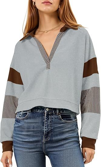 Color‑Block Cropped Polo V‑Neck Sweatshirt FitiqueFit