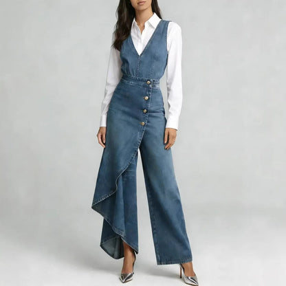 Women’s Western-Style V-Neck Asymmetrical Denim Jumpsuit FitiqueFit