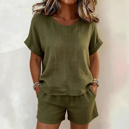 Solid-Color T-Shirt & Shorts Set – Cotton Linen, 10 Colors FitiqueFit