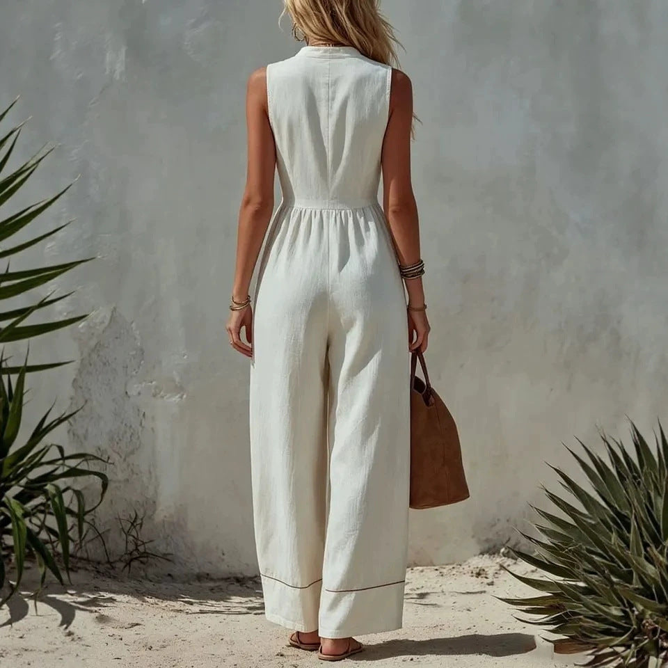 Women's Sleeveless Wide-Leg Jumpsuit – Loose Fit, V-Neck, Cotton Linen FitiqueFit