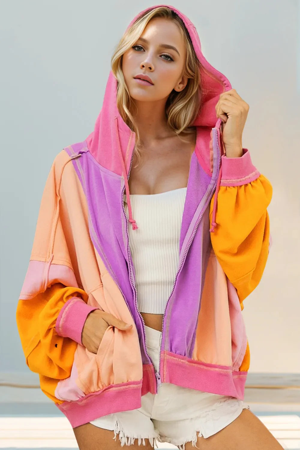 Double Take Full Size Color Block Zip Up Hoodie See size chart under “more details” The Fashion Celestial