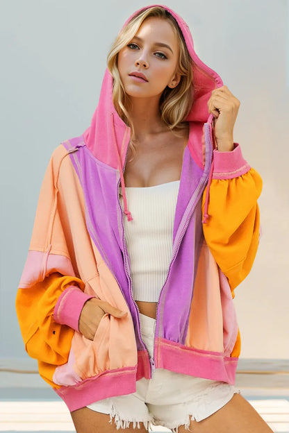 Double Take Full Size Color Block Zip Up Hoodie See size chart under “more details” The Fashion Celestial