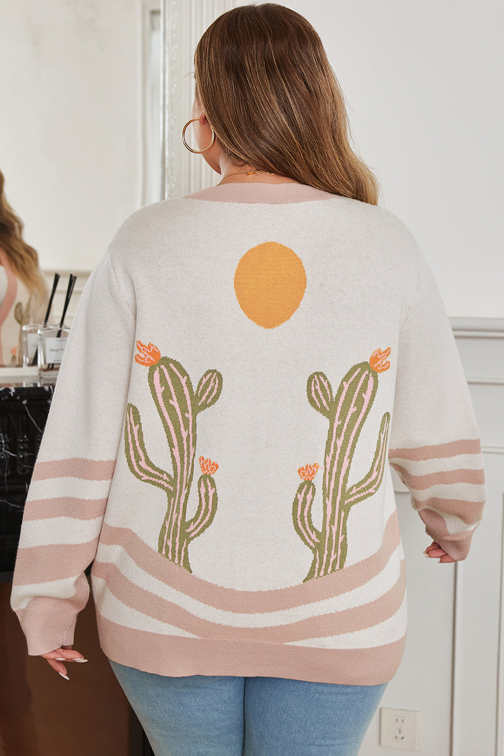 Apricot Western Desert Cactus Print Plus Size Button Cardigan Sweater Garden Naked Curves