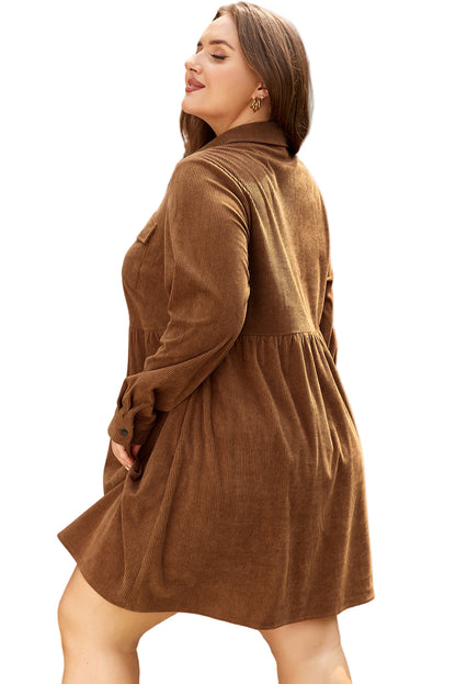 Camel Corduroy Full Buttoned Collared Shirt Style Plus Size Dress Garden Naked Curves