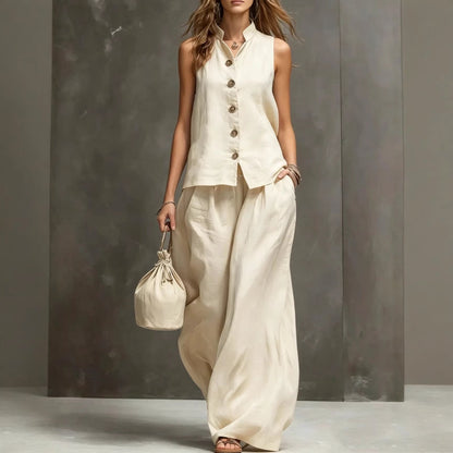 Women's Sleeveless Vest & Wide-Leg Pants Two-Piece Set – Cotton Linen FitiqueFit