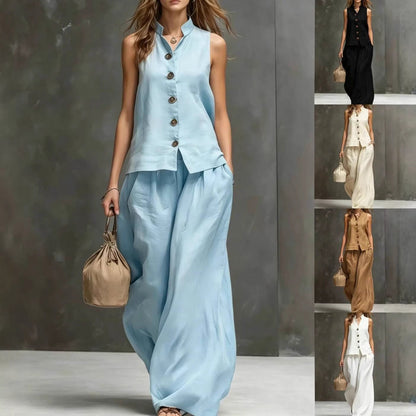 Women's Sleeveless Vest & Wide-Leg Pants Two-Piece Set – Cotton Linen FitiqueFit