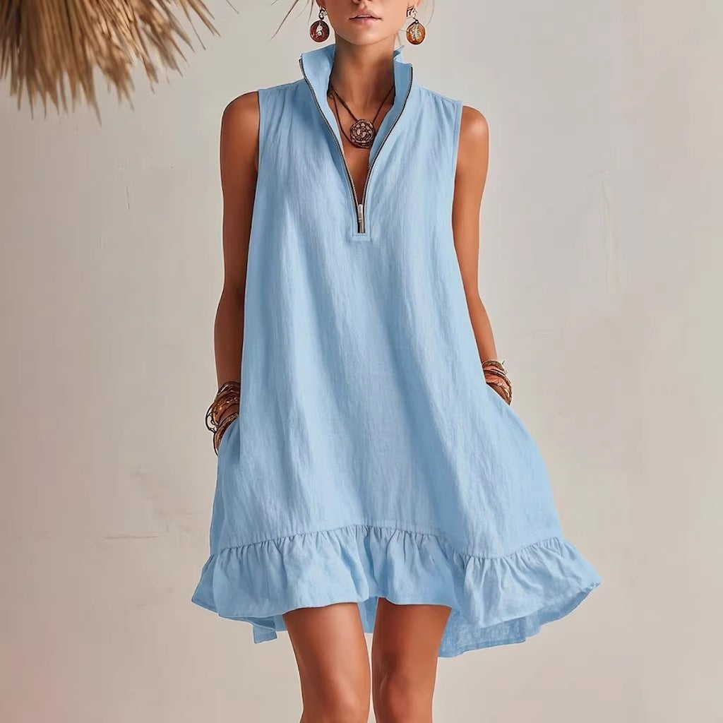 Women's Casual Loose Half-Zip Sleeveless Dress with Ruffle Hem FitiqueFit