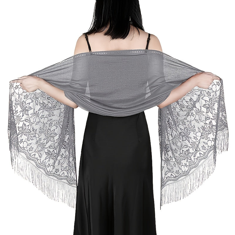 Women's Casual Shawl Wrap - Solid Color, Lightweight Polyester Knit - Going Out Essentials | Fringe Trim | Floral Lace Details NovaCart