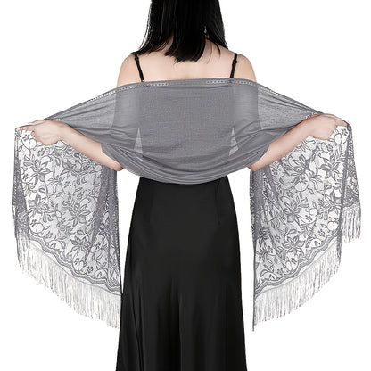 Women's Casual Shawl Wrap - Solid Color, Lightweight Polyester Knit - Going Out Essentials | Fringe Trim | Floral Lace Details NovaCart