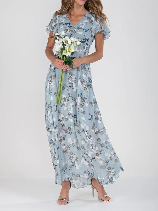 Flowers Print Short Sleeve Dress Summer Fashion Ruffle Beach Dresses Women's Clothing Grayceful LLC