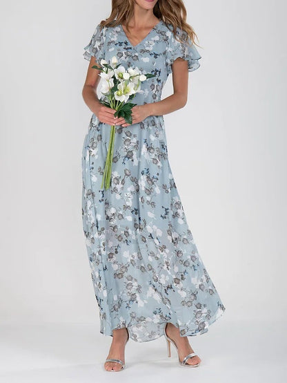Flowers Print Short Sleeve Dress Summer Fashion Ruffle Beach Dresses Women's Clothing Grayceful LLC