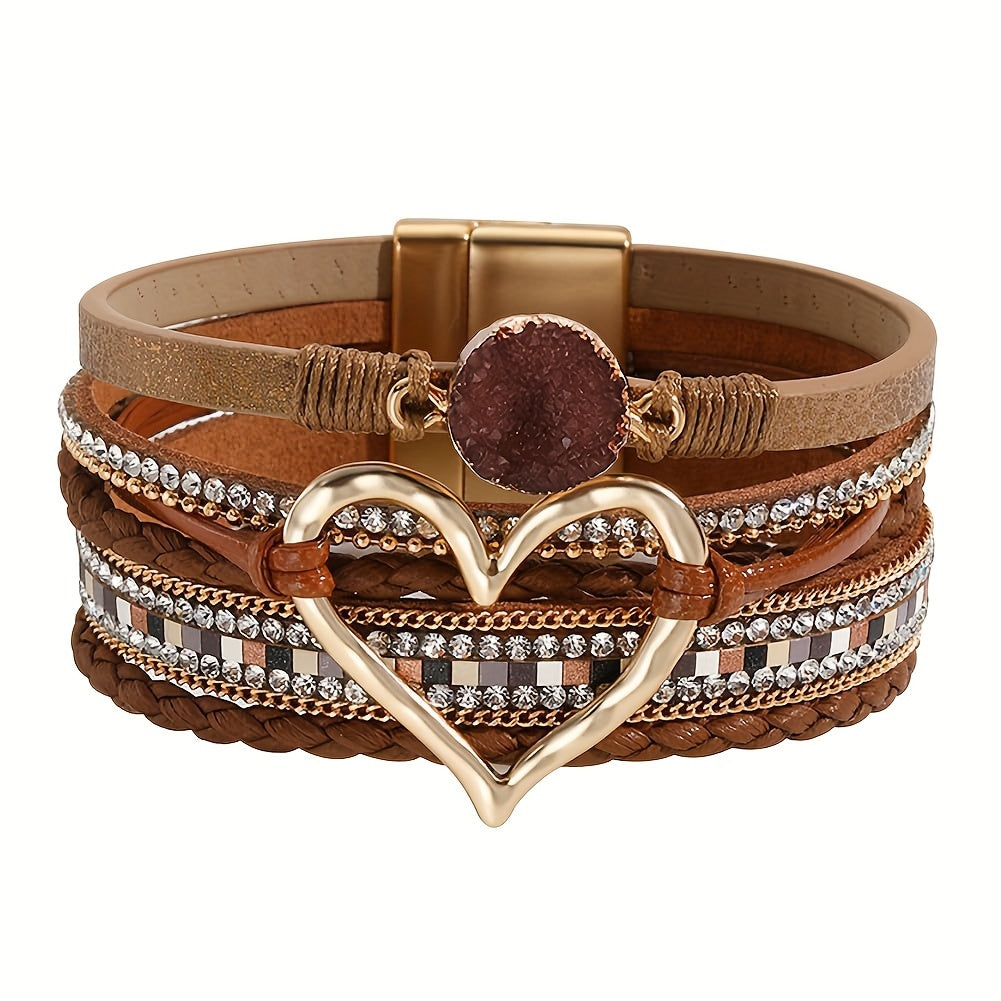 [Bohemian Heart Stone Bracelet] Bohemian Multi-Layer PU Leather Bracelet with Magnetic Clasp | Exaggerated Heart Stone Accent, Wide Cuff Statement Piece for Festival & Everyday, Style Layered Bangle - Year-Round Wear NovaCart