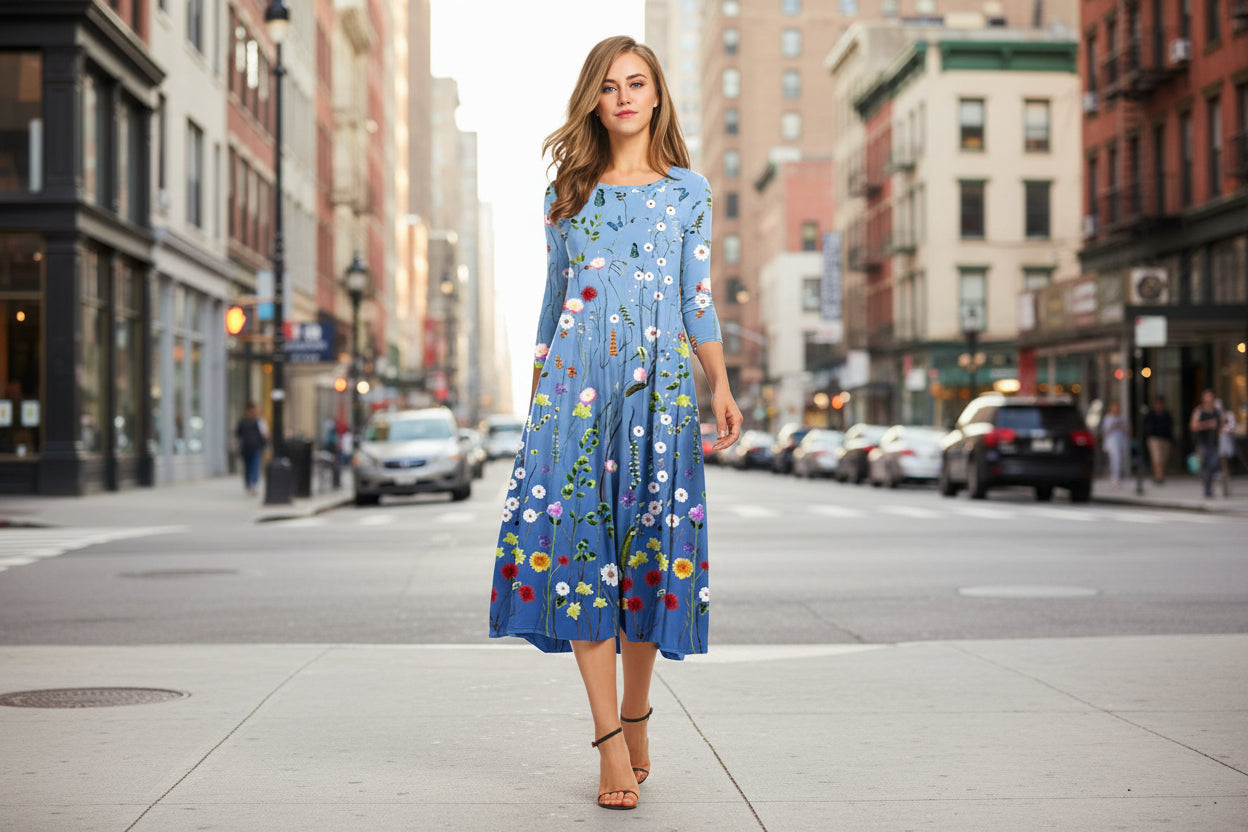 Women’s Floral Patchwork Three-Quarter Sleeve Dress FitiqueFit