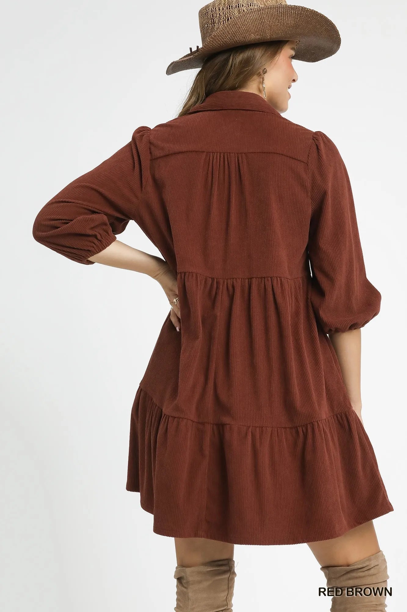 Umgee Tiered Corduroy Mini Dress with Balloon Sleeves West2East Surf
