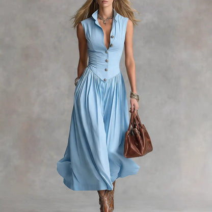 Women's Sleeveless Lapel Collar Maxi Dress – Slim Fit Patchwork FitiqueFit