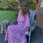 Women's Boho Floral Maxi Dress with Drawstring V Neck