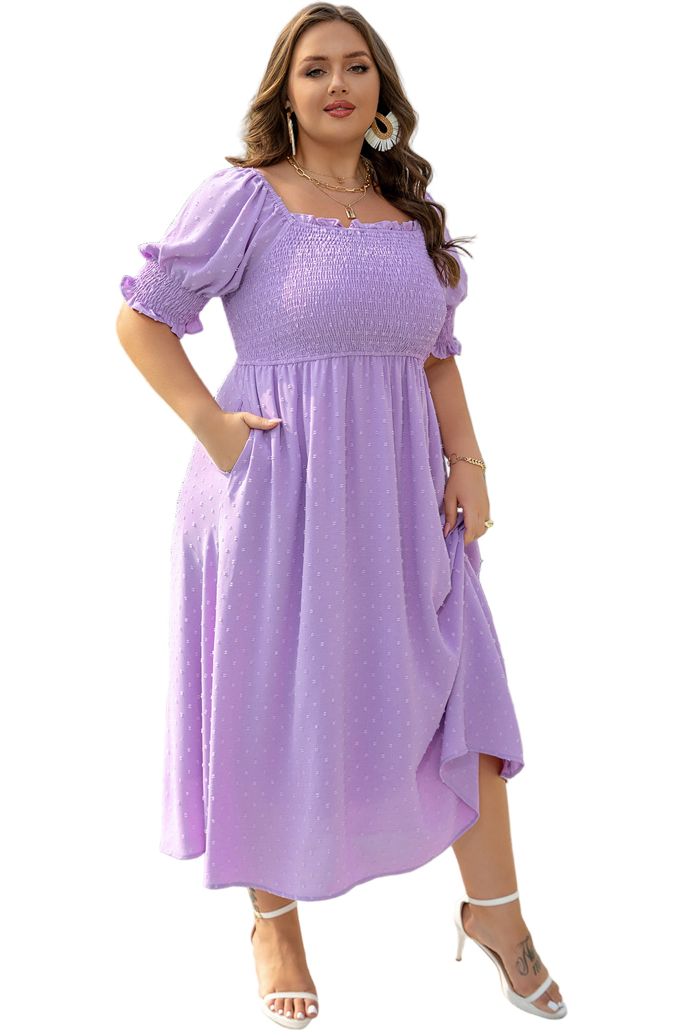 Wisteria Swiss Dot Smocked Frilled Neckline Short Sleeve Plus Size Dress Garden Naked Curves