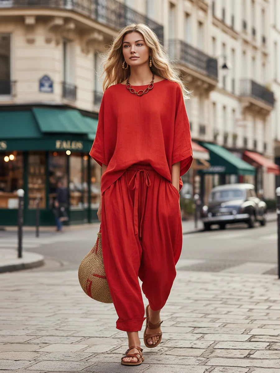 Women's Solid Color Loose Casual Set – T-Shirt & Ankle Pants FitiqueFit